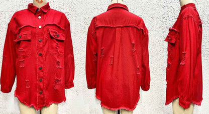 Distressed Denim Jacket Women's Long Sleeve Shirt Casual Lapel Coat With Raw Hem Details