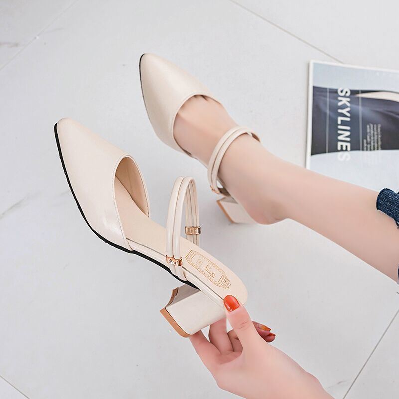 Summer Gentle Thick-heeled High Heels Shoes Baotou Sandals For Women Two wear. Beige GlamzKart