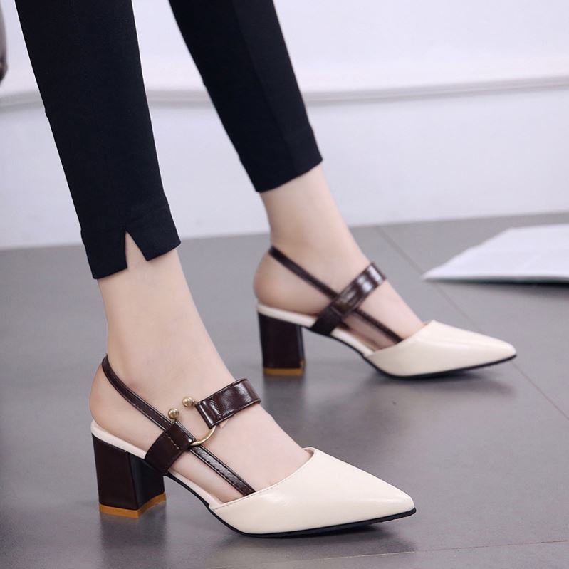 Summer Gentle Thick-heeled High Heels Shoes Baotou Sandals For Women Beige GlamzKart