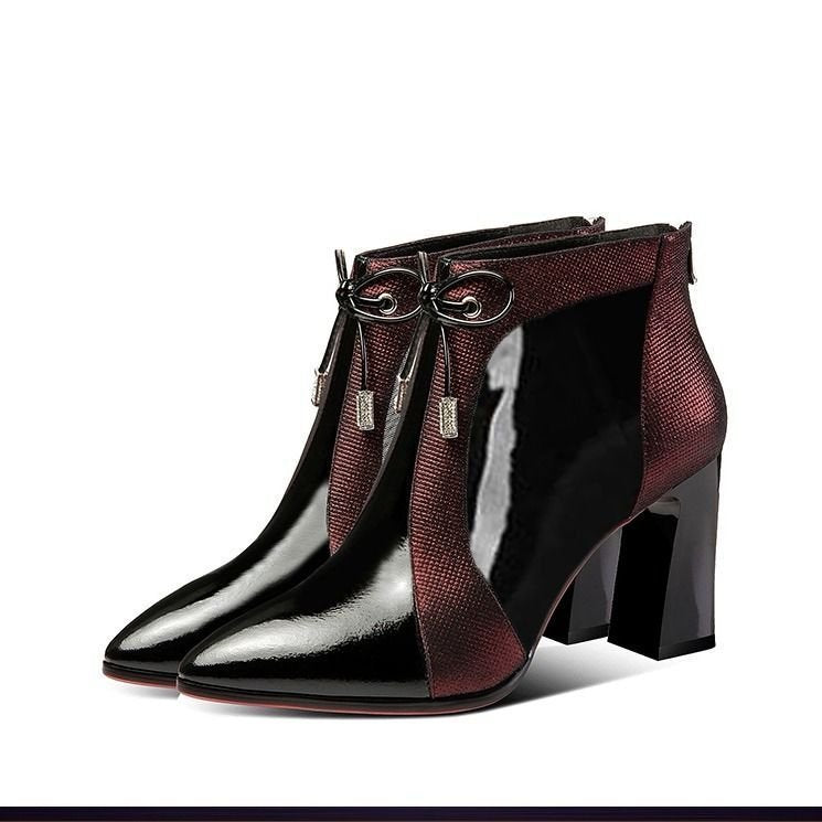 Warm Martin Boots Short Boots Women Black High Heels Thick Mid-heel Red GlamzKart