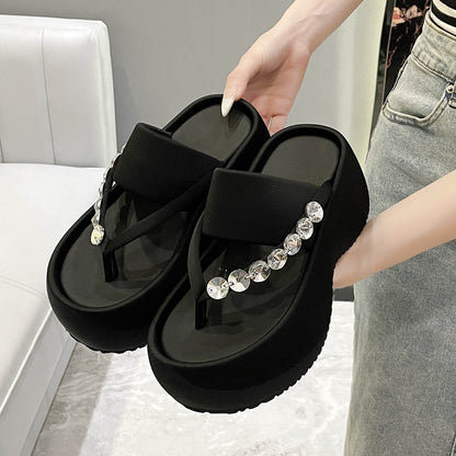 Women's Thick-soled Stylish Flip-flops Rhinestone Temperament Leisure Slippers GlamzKart