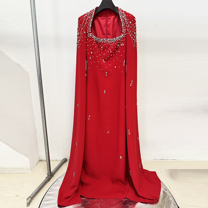 Beaded Lanyard Shawl Sleeve And Floor Long Dress Red GlamzKart