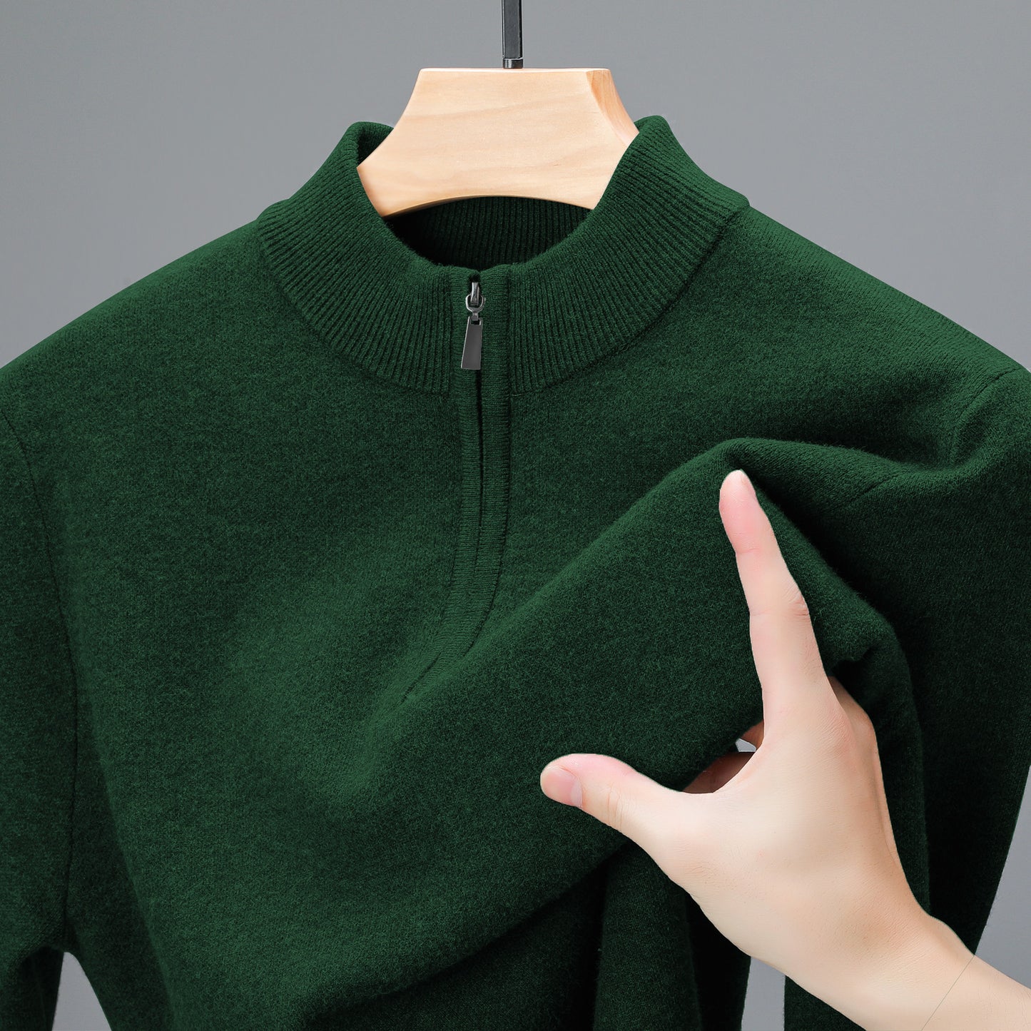 Men's Half-high Collar Zipper Sweater Middle-aged Men's Thickened Keep Warm Pure Color Sweater Green GlamzKart