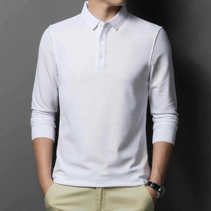 Casual And Comfortable Fashion Classic Solid Color Long Sleeve Lapel Polo Shirt White GlamzKart