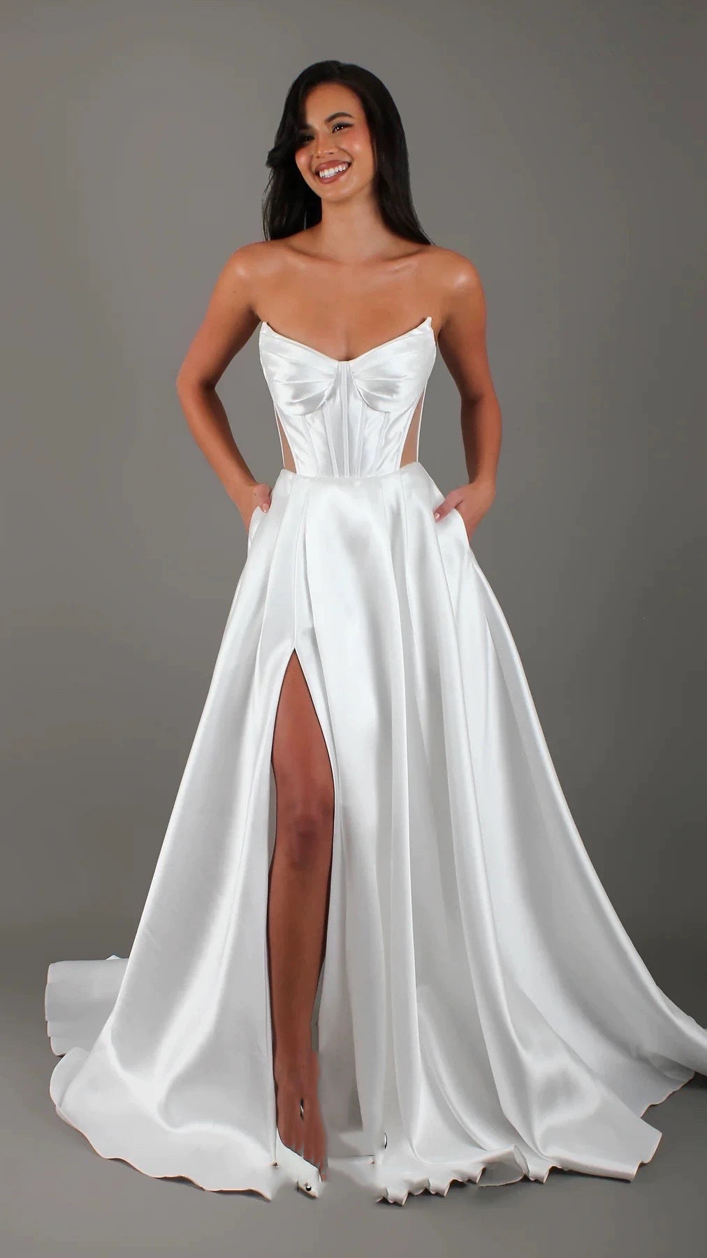 White Satin Slit Pocket Bandage Wedding Dress White GlamzKart
