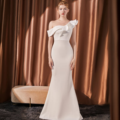 High-end Slant Shoulder Slimming Long Dress White 18732 GlamzKart