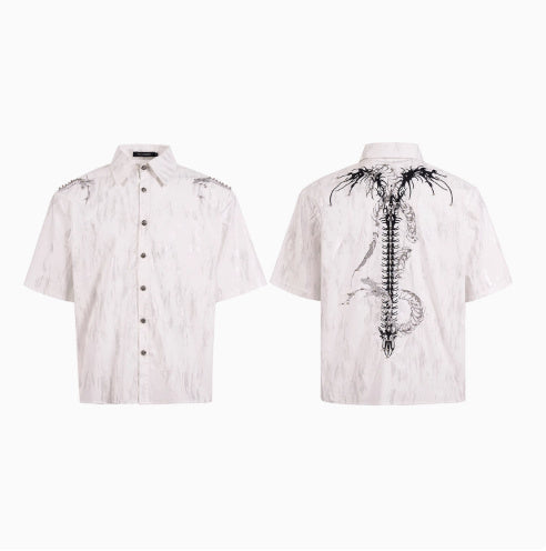 Spine Snake-shaped Shoulder Pad White Shirt Men's Beaded Gold-plated Short Sleeve White GlamzKart