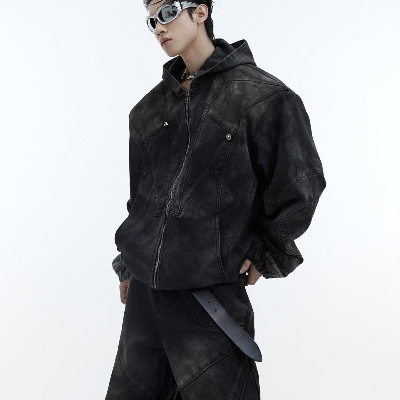 Distressed Padded Shoulder Hooded Denim Jacket Suit Metal Embellished Jeans Black Coat GlamzKart