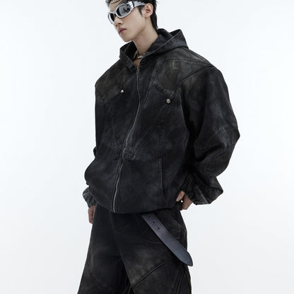 Distressed Padded Shoulder Hooded Denim Jacket Suit Metal Embellished Jeans Black Coat GlamzKart