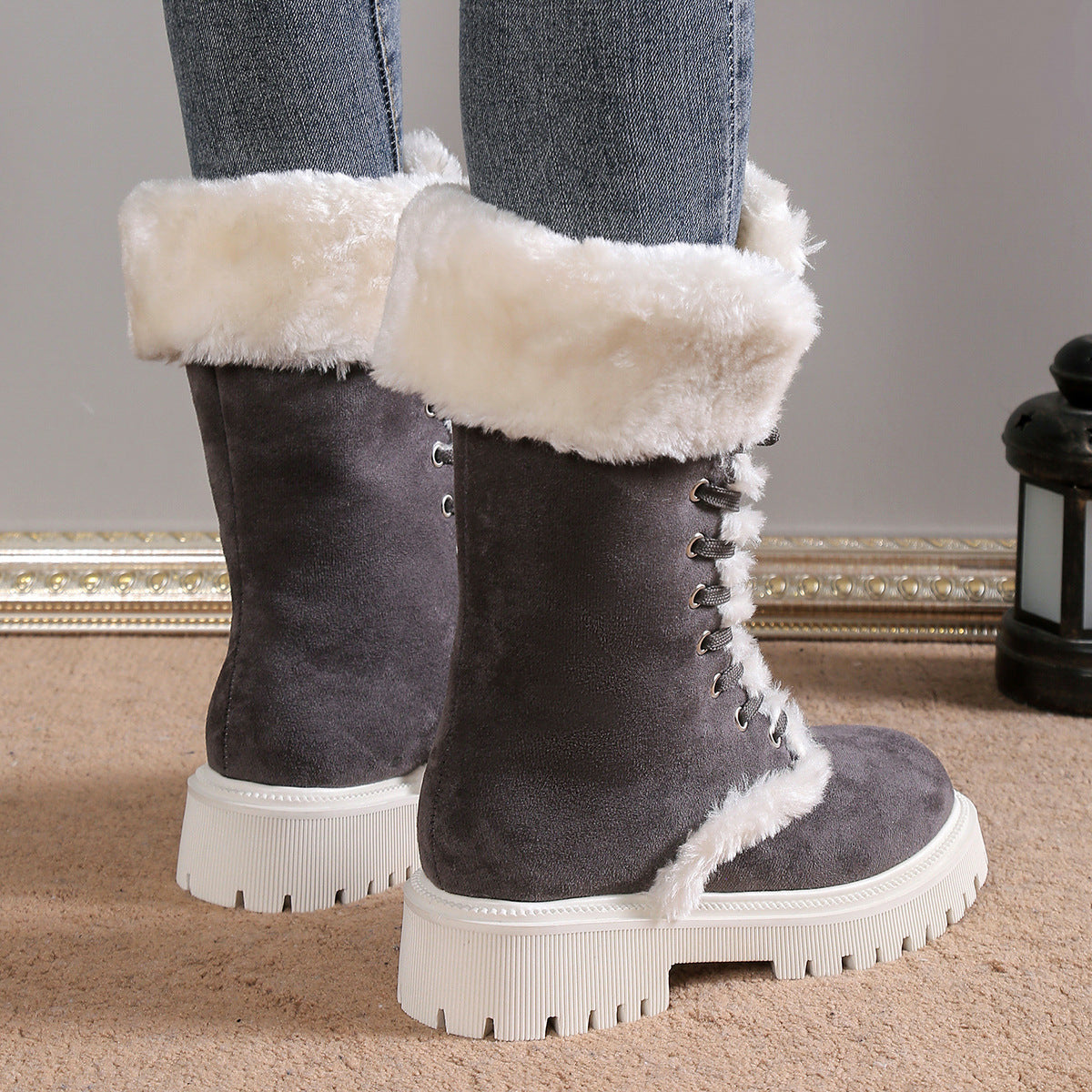 Winter Lace-up Snow Boots For Women Mid-tube Fleece Shoes Warm Chunky Heels Plush Boot GlamzKart