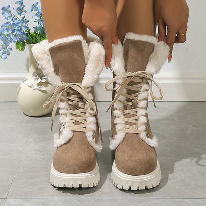 Winter Lace-up Snow Boots For Women Mid-tube Fleece Shoes Warm Chunky Heels Plush Boot GlamzKart