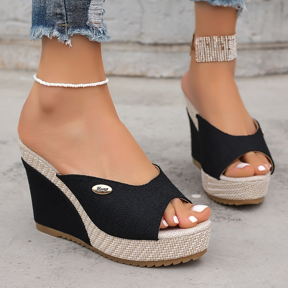 Women's Black Wedge Sandals With Buckle Details, Stylish And Generous GlamzKart