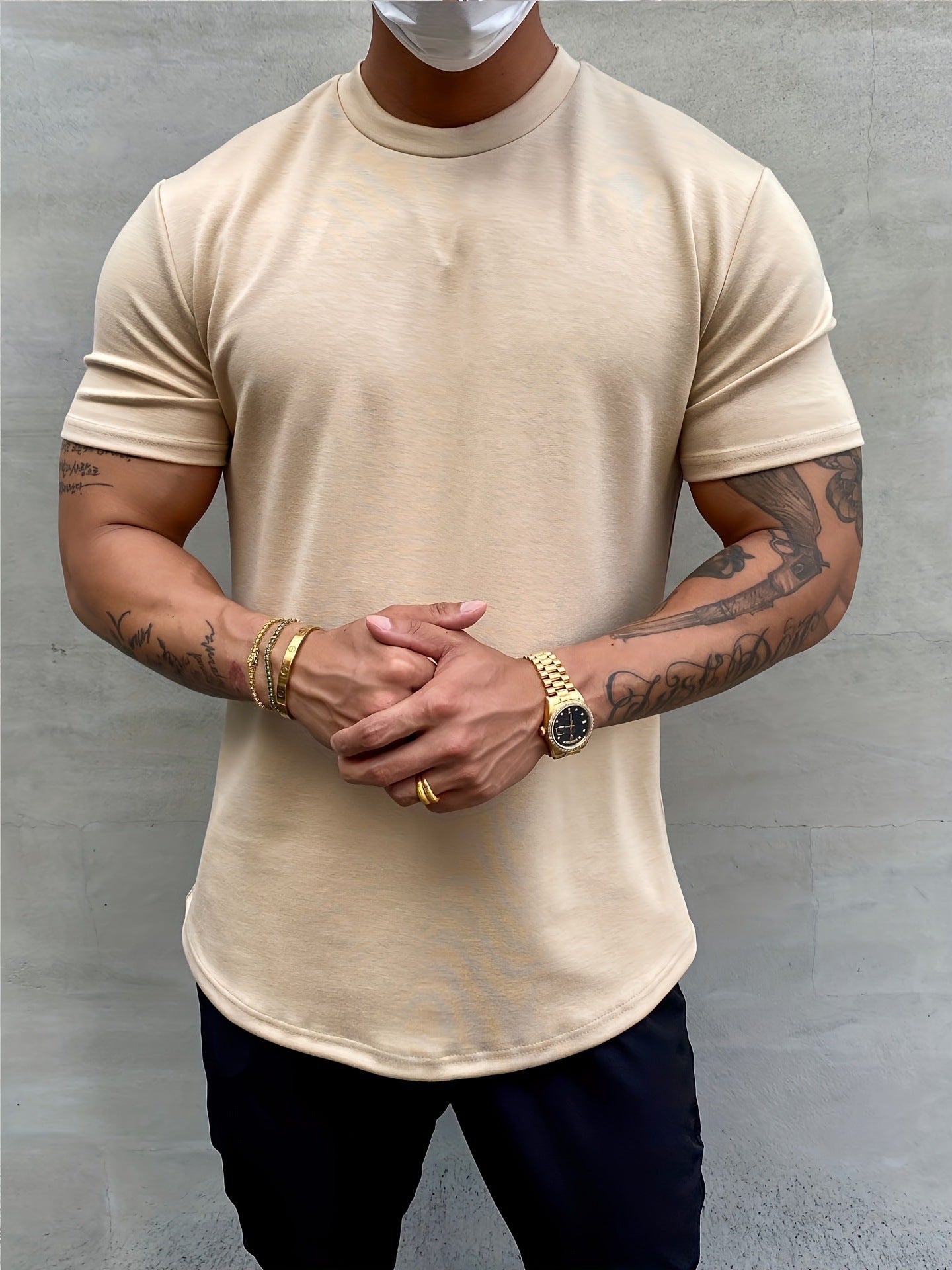 Men's Simple All-match Pure Cotton Solid Color Short Sleeve Khaki GlamzKart