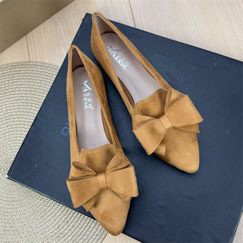 Women's Versatile Solid Color Bow Pointed Flat Shoes Khaki GlamzKart