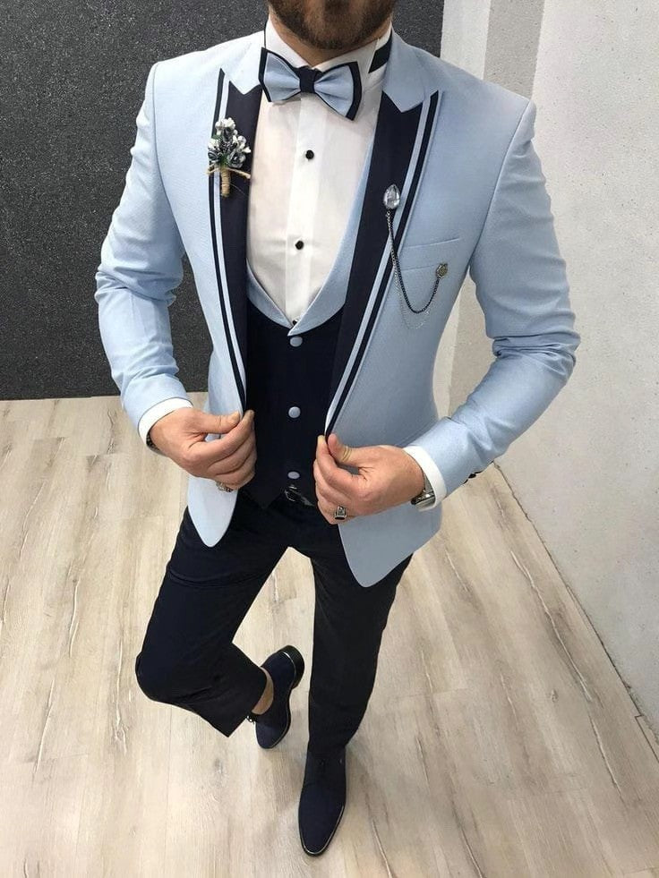 Men's Color Matching Business Casual Suit Three-piece Set Sky Blue GlamzKart