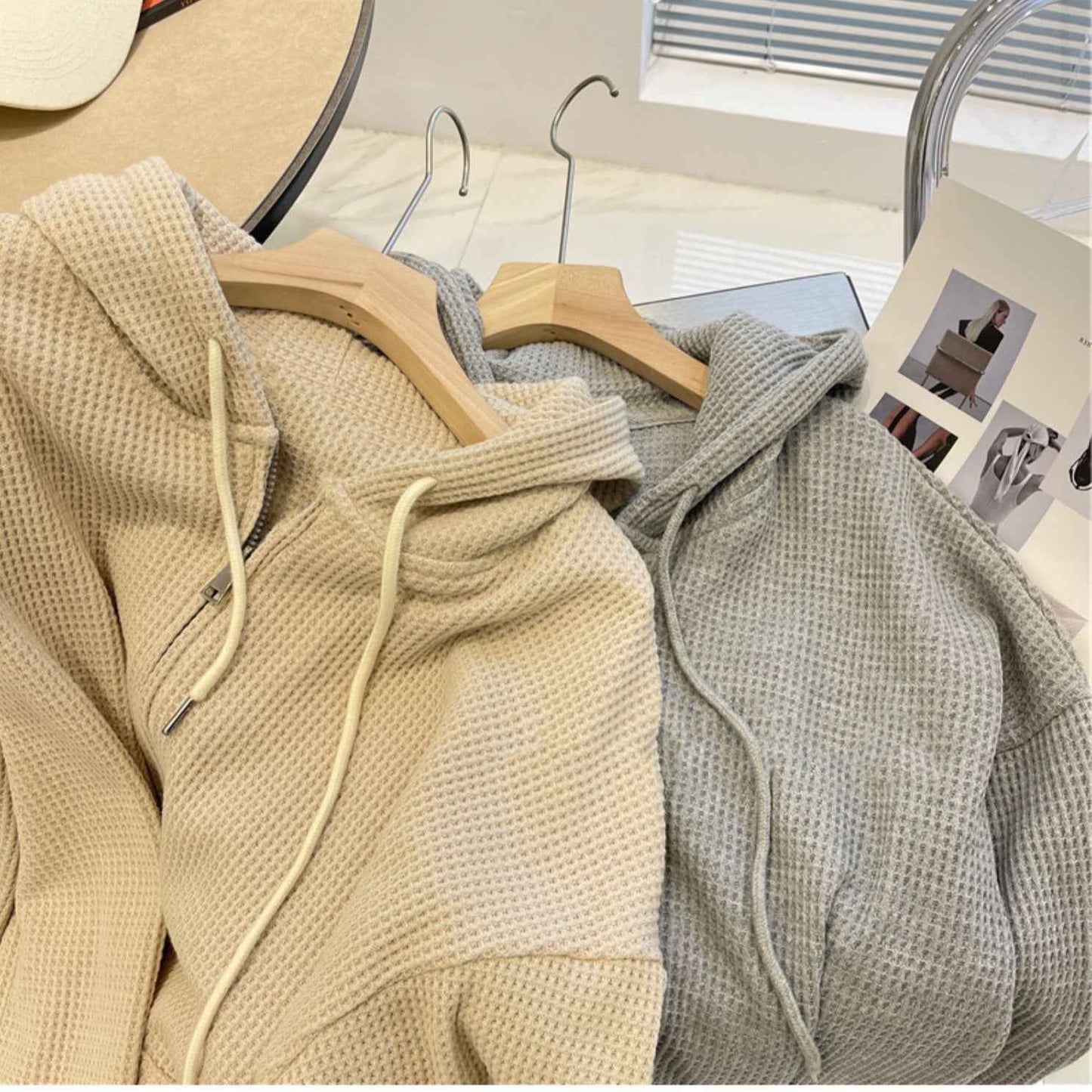 Waffle Hooded Women's Loose Slimming Zipper Cardigan