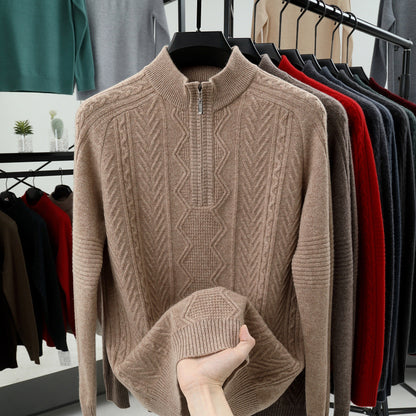 All Wool Men's Sweater Half Turtleneck Zipper Sweater Rice Flower Camel GlamzKart