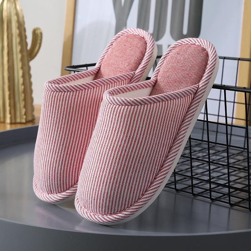 Household Stripes Home Indoor Non Slip Cotton Slippers Wine Red GlamzKart