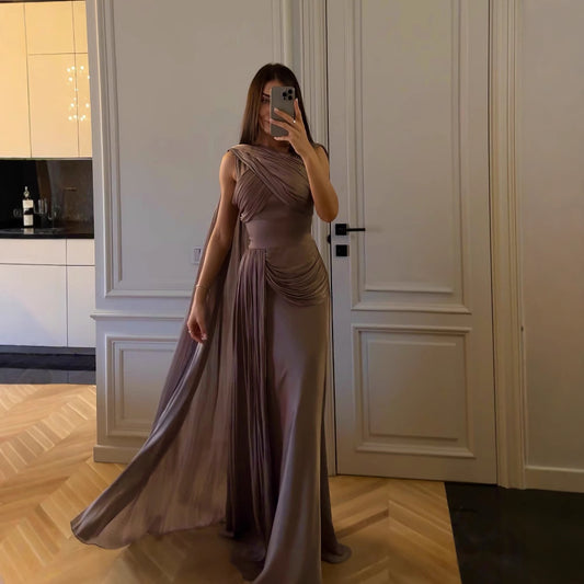 Pleated Ribbon Satin Evening Dress GlamzKart