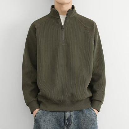 Half Zipped Stand Collar Men's Vintage Fleece-lined Thickened Casual Sweatshirt Green GlamzKart
