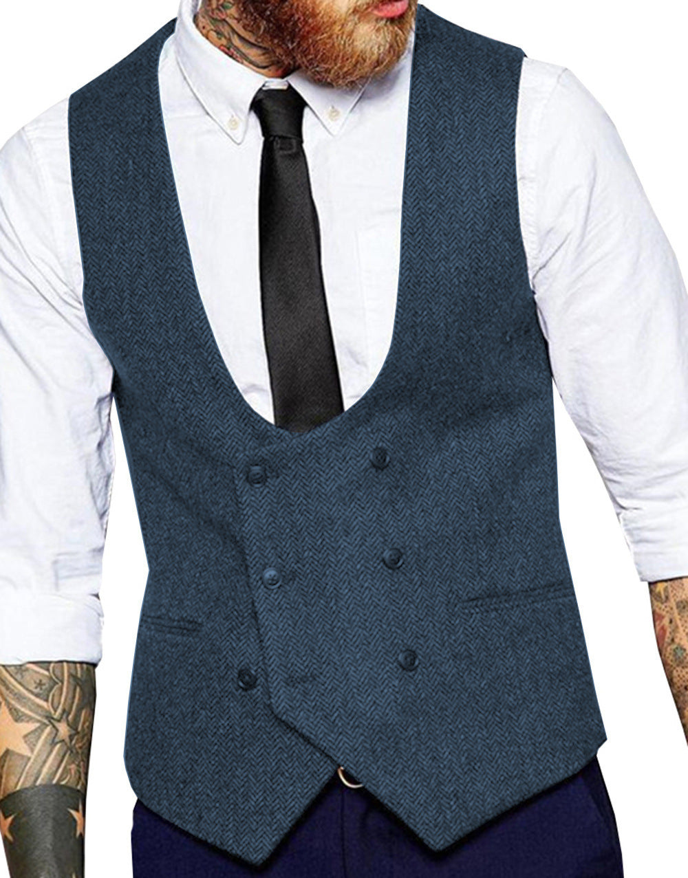 Retro Casual Herringbone Pattern Men's Suit Vest Groom Groomsman Slim Fit Vest Light Blue GlamzKart
