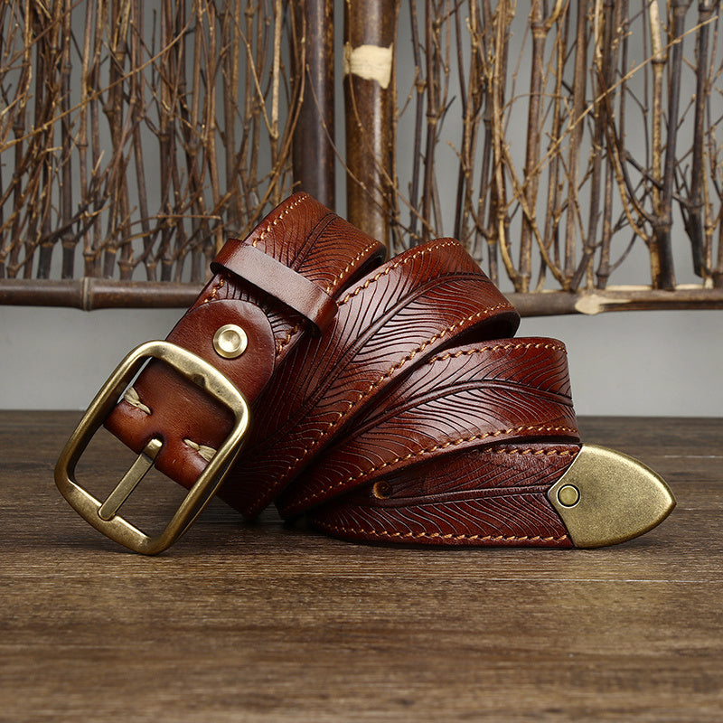 3.8CM Wide Thick Double-sided Cowhide Brass Buckle Belt Khaki GlamzKart
