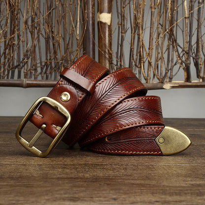 3.8CM Wide Thick Double-sided Cowhide Brass Buckle Belt Khaki GlamzKart