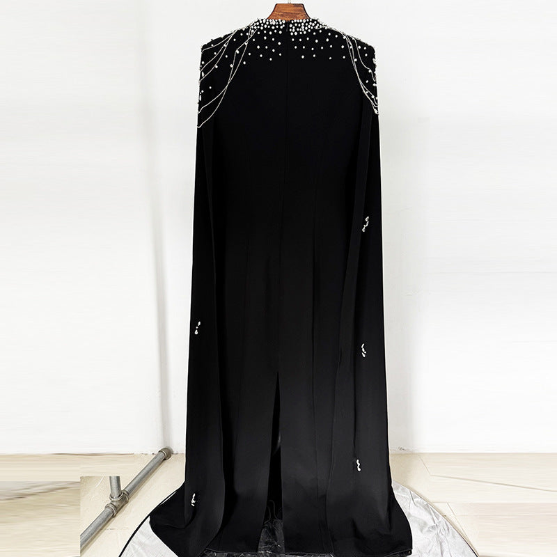 Beaded Lanyard Shawl Sleeve And Floor Long Dress GlamzKart