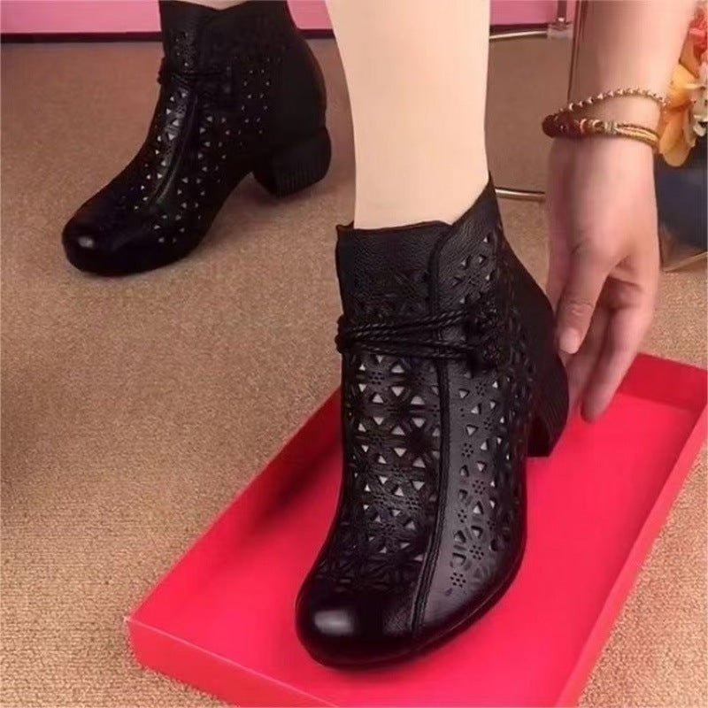 All-match Leather Mid-heel Comfortable Retro Closed Toe Chunky Heel Hollow Sandals Black GlamzKart