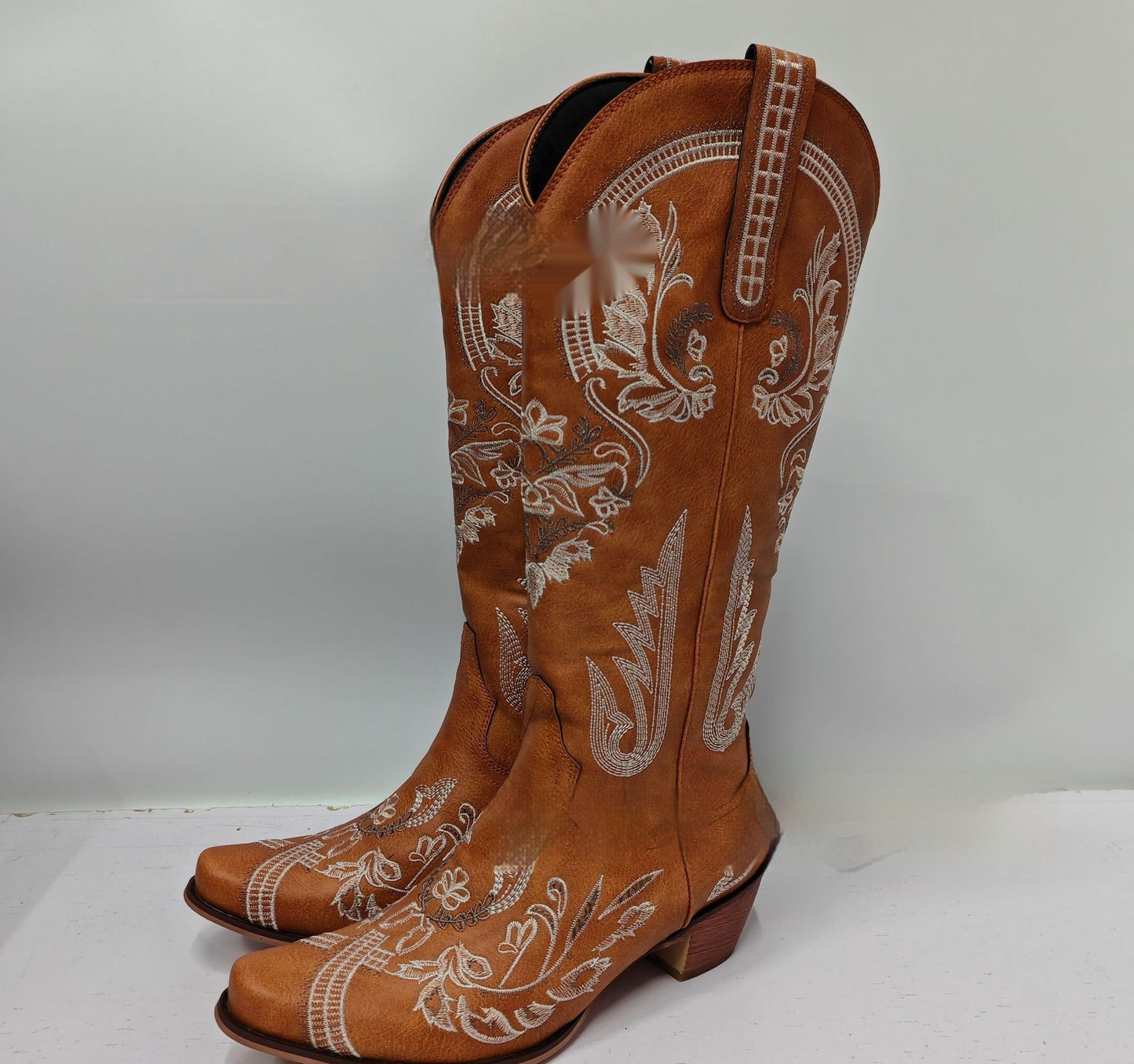 Embroidered Rhinestone Thick High Heel Side Zipper High-top Boots Brown Without Diamonds GlamzKart