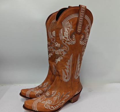 Embroidered Rhinestone Thick High Heel Side Zipper High-top Boots Brown Without Diamonds GlamzKart