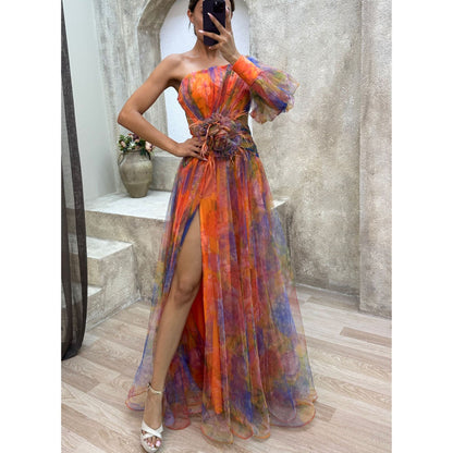 New Party Mesh Slanted Shoulder Dress INS Casual And Fashionable Women's Long Skirt GlamzKart