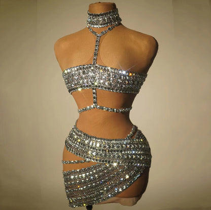 High-end And Fashionable Rhinestone Tube Top Short Skirt Top Vest Silver GlamzKart