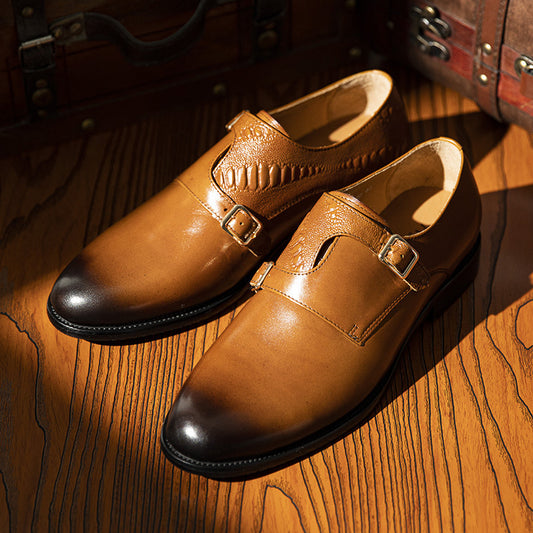 Men's First Layer Cowhide Summer Round Toe Double Buckle Retro Style Business Leather Shoes GlamzKart