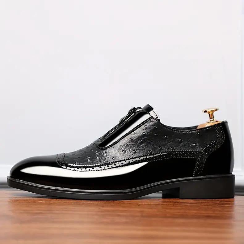 Ostrich Grain Embossed Zipper Pointed Plus Size Bright Leather Chelsea Men's Shoes Black GlamzKart