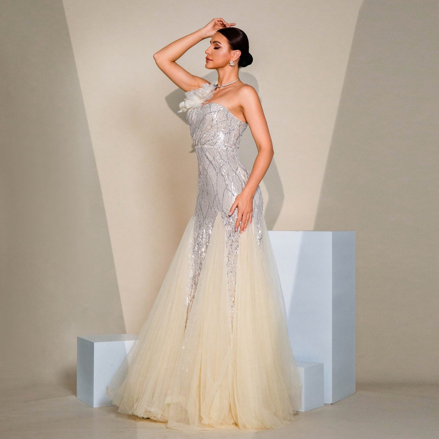 One-shoulder Diagonal Collar Slim-fit Sheath Sequined Slit Evening Dress GlamzKart