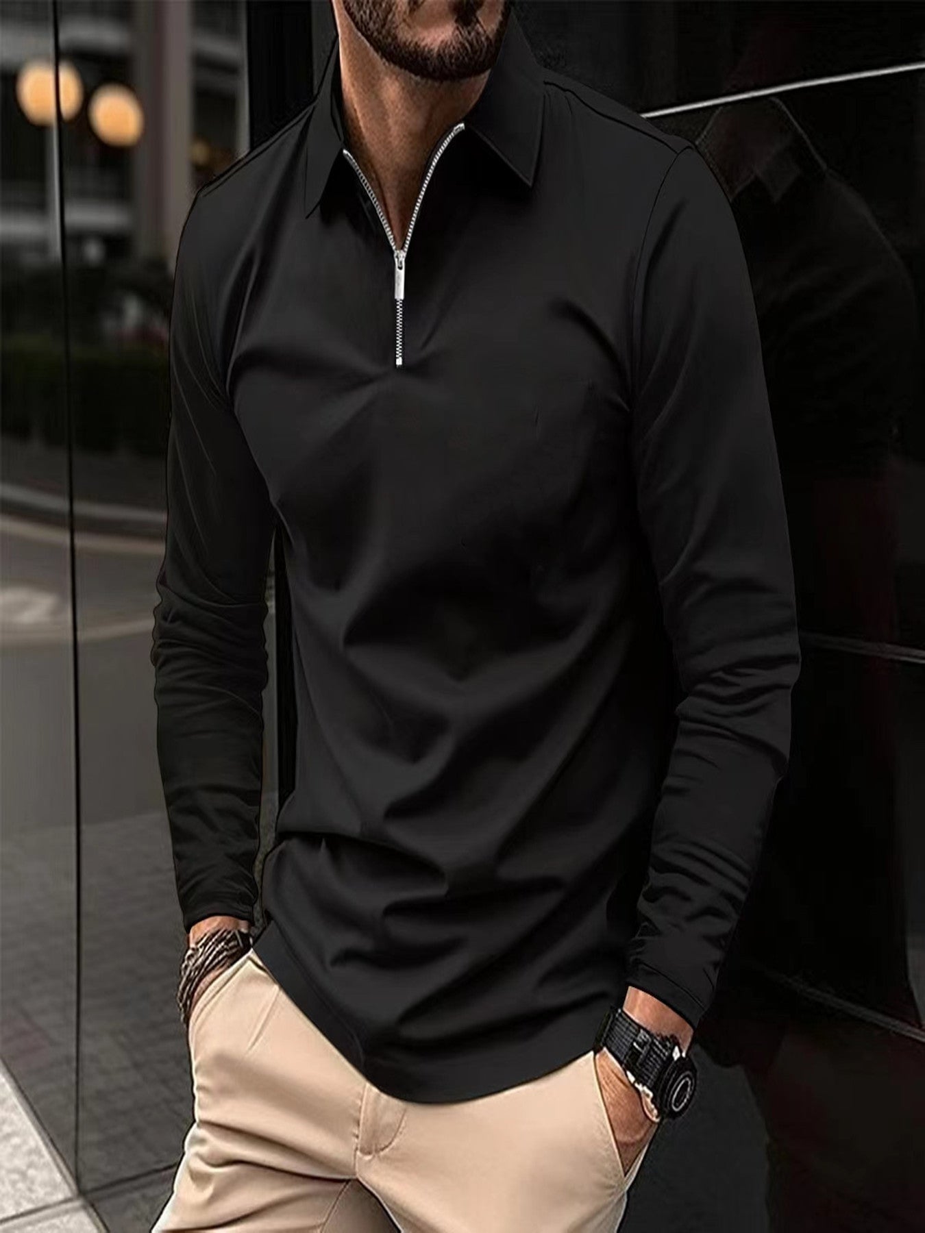 Zipper Men's Solid Color Long Sleeve Sports Polo Shirt Black GlamzKart