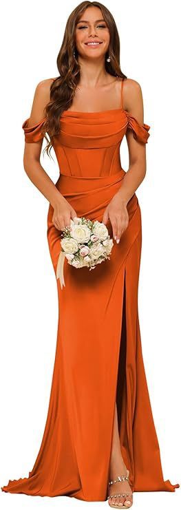 Off-the-shoulder Satin Bridesmaid Corset Ball Gown Orange GlamzKart