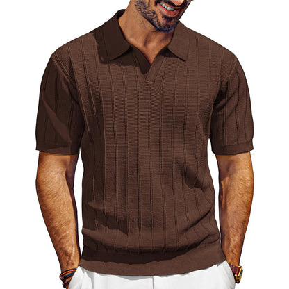 Men's Breathable V-neck Hollow Lapel Knitwear Brown GlamzKart
