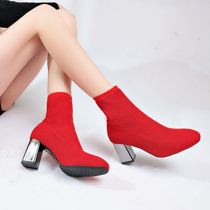 Elastic boots women high heels Red GlamzKart