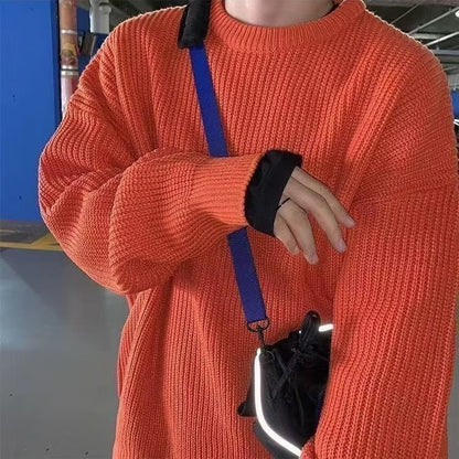Loose Casual Retro Trendy Underwear Crew Neck Sweater Orange GlamzKart