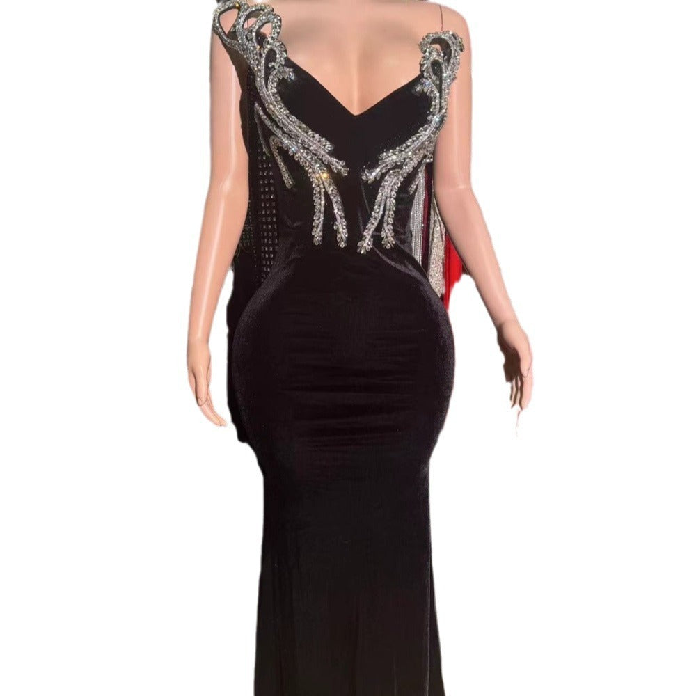 Black Bandeau Slim-fit Skinny Long And Ground Dress GlamzKart