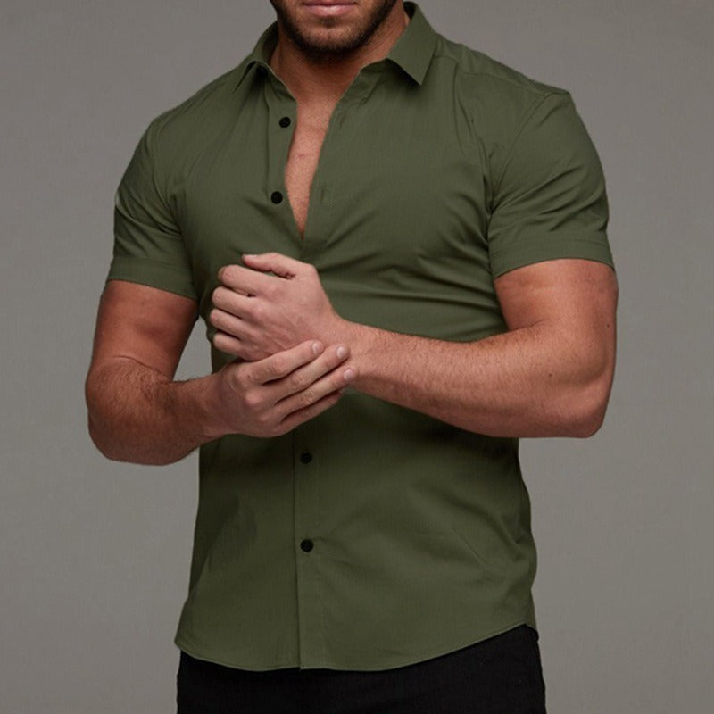 Short Sleeve Lapel Shirt Elastic Thin Solid Color GlamzKart