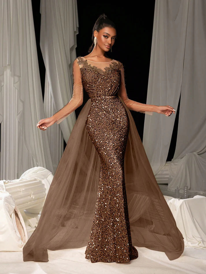 Women's Dance Lace Party Evening Dress Dark Brown GlamzKart