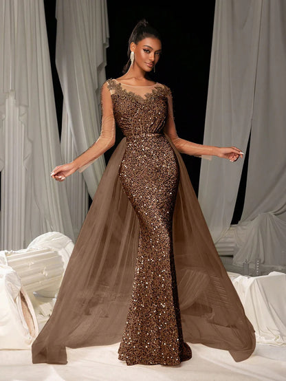 Women's Dance Lace Party Evening Dress Dark Brown GlamzKart