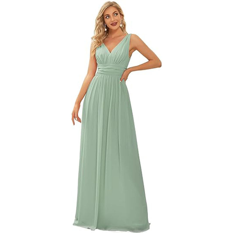 Women's Elegant Graceful Deep V-neck Sleeveless Chiffon Formal Maxi Evening Dress Mint Green GlamzKart