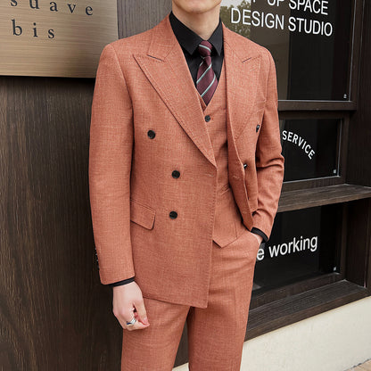 Spring And Summer Professional Casual Men's Three-piece Suit Jacket Double Breasted Pink GlamzKart