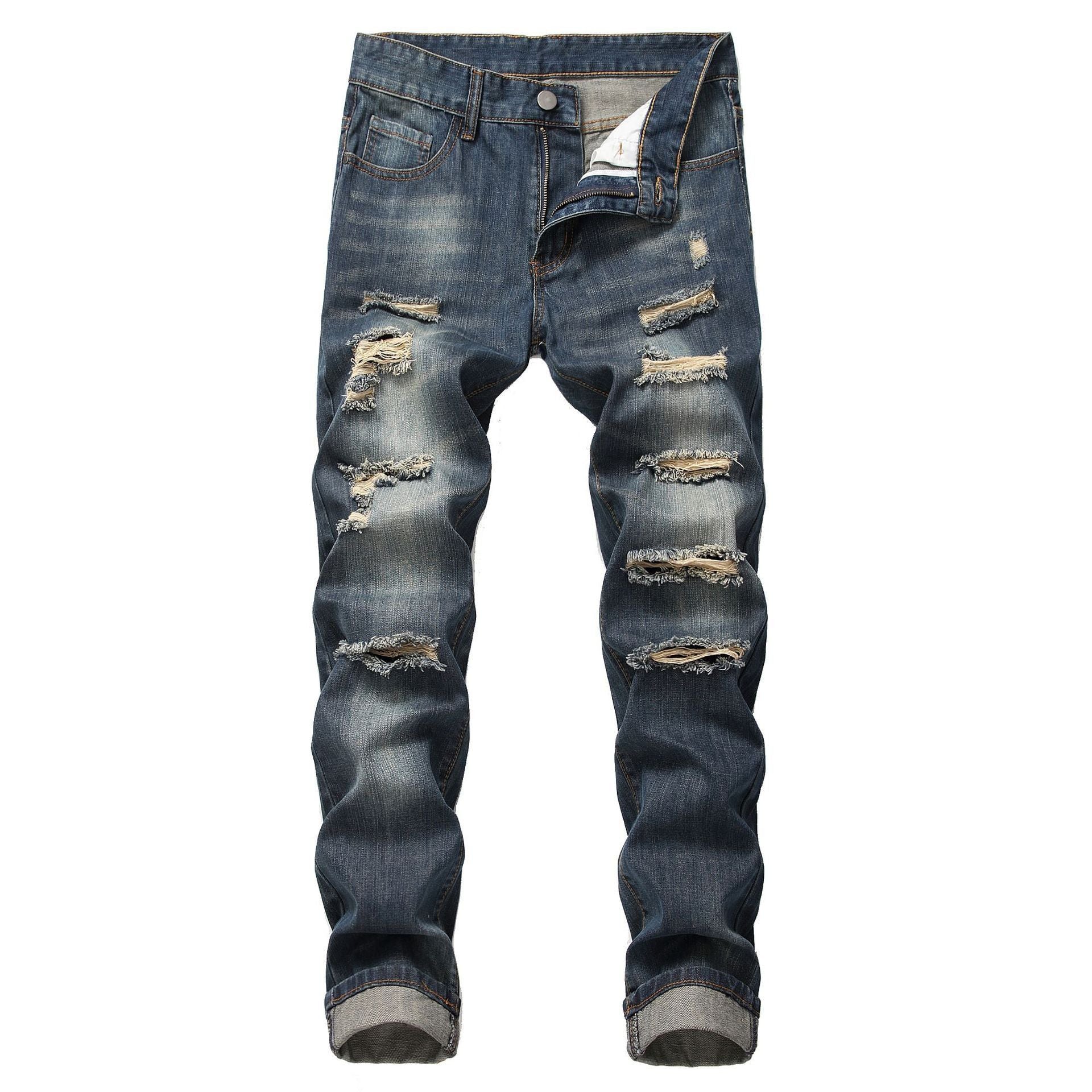 Men's Ripped Straight Slim Fit Non-stretch Jeans GlamzKart