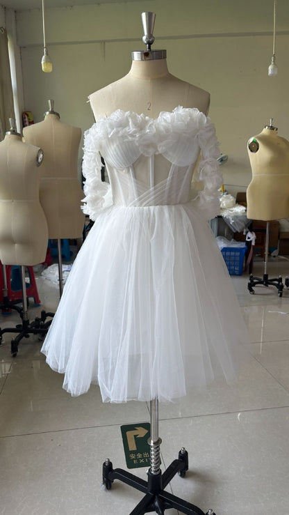 Lace Off-shoulder Mini Wedding Dress GlamzKart