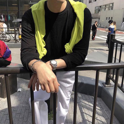 Men's Solid Color Loose Long Sleeves T-shirt Black GlamzKart